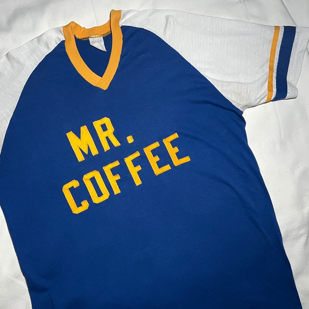 VTG Mr Coffee Raglan T-Shirt Jersey XL Rice 45 Sport-T Stedman Blu 80s VNeck USA - Picture 4 of 7